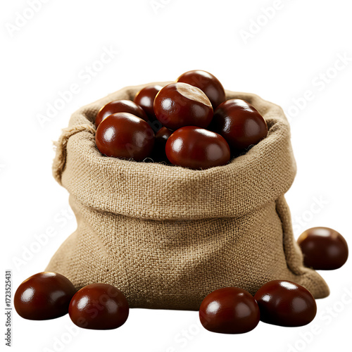 Pile of shiny chestnuts in a burlap sack on transparent background