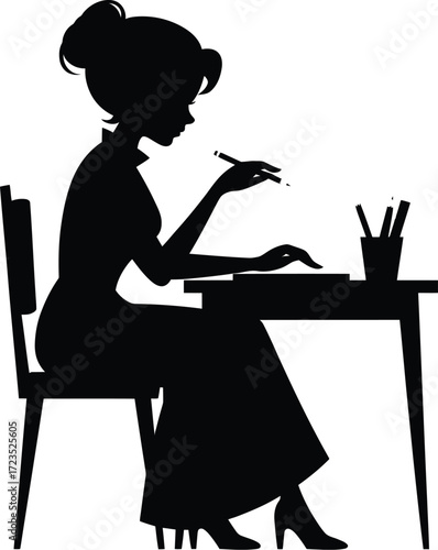 Silhouette illustration of woman writing at desk with pencil and stationery art