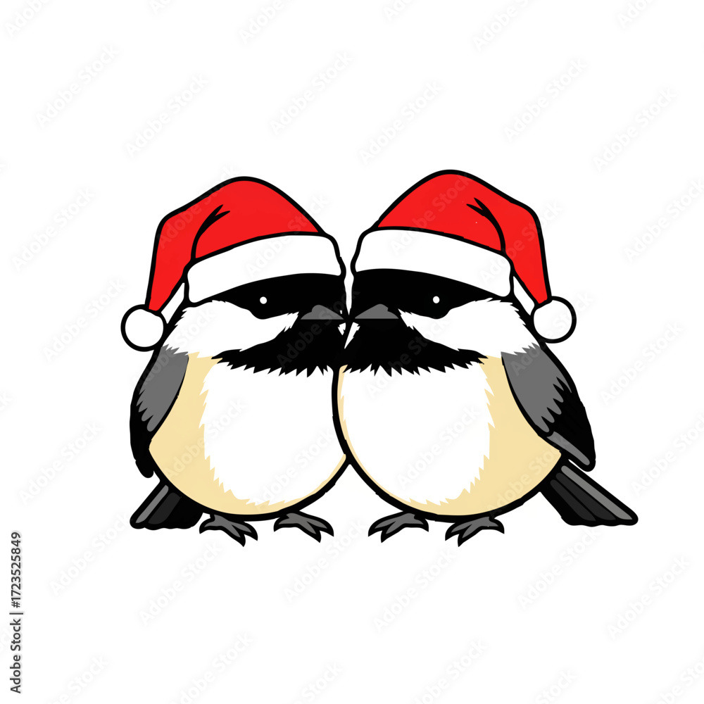 Obraz premium Two Chickadees Wear Santa Hats for Christmas