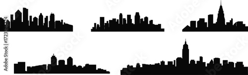 Black city skyline silhouettes, urban architecture design, modern skyscraper outline, famous landmark buildings, metropolitan horizon, travel destination, vector illustration, minimalist