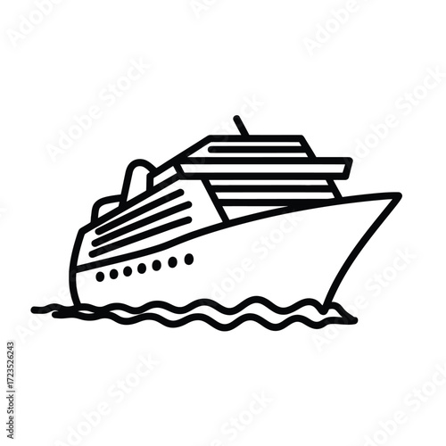 Simple black and white line drawing illustration of a cruise ship sailing on wavy water silhouette vector illustration white background