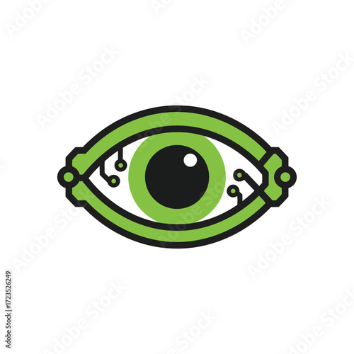 Vector illustration of a cybernetic eye, featuring a green iris and visible electronic circuits, symbolizing technology and vision.
