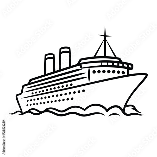 Scalable vector illustration of a cruise ship sailing on wavy ocean lines eps format silhouette vector illustration white background