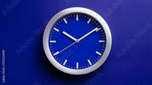 Wallpaper Mural A minimalist, modern blue analog wall clock displaying the current time with numeric markings on a dark blue background. Torontodigital.ca