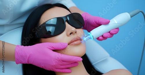 Professional Laser Hair Removal Treatment on Woman's Face in Cosmetology Clinic