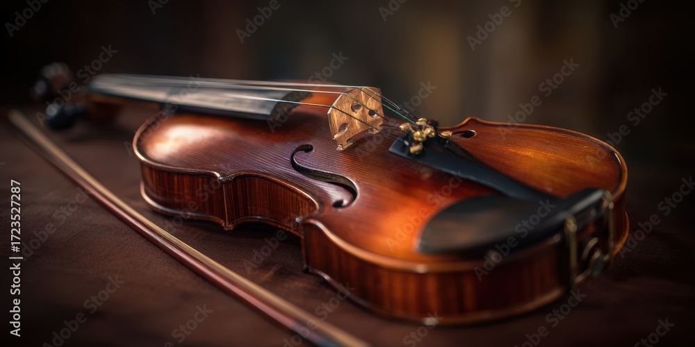 Fototapeta premium The elegant violin resting on a rich brown surface with bow nearby.