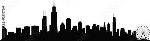 Chicago city skyline silhouette, Willis Tower, Ferris wheel landmark, urban architecture outline, famous skyscrapers, metropolitan downtown horizon, travel destination