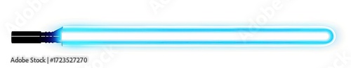 A horizontally-oriented image depicts a light blue, glowing energy blade with a black hilt.  The blade is bright and the background is white