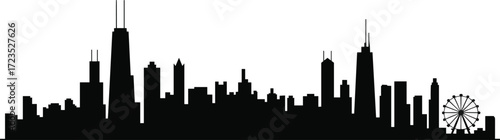 City skyline silhouette, Ferris wheel landmark, urban architecture outline, modern skyscraper horizon, famous landmark buildings, metropolitan downtown view, travel destination