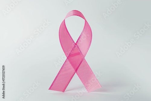 A light pink awareness ribbon, elegantly tied, is presented against a stark white backdrop.  The ribbon's subtle texture and gentle shadow are clearly visible