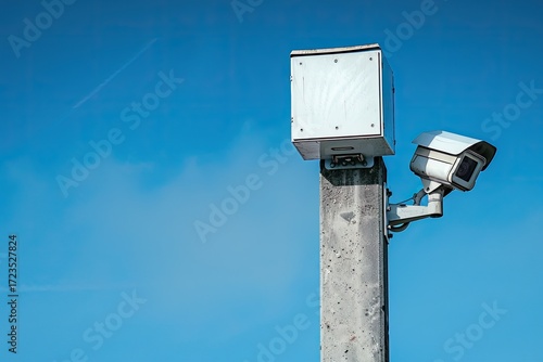 A low-angle view of a security camera mounted on a concrete pole against a clear blue sky