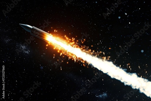 A metallic missile streaks across a dark, starlit expanse, its fiery trail illuminating the inky black backdrop.  Intense combustion and incandescent particles mark its powerful propulsion