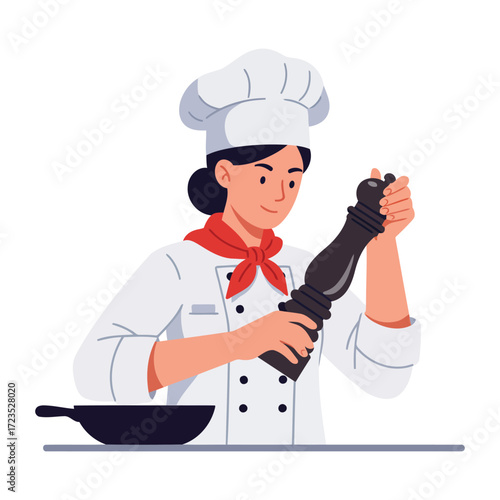 Female chef in uniform grinding pepper over pan.