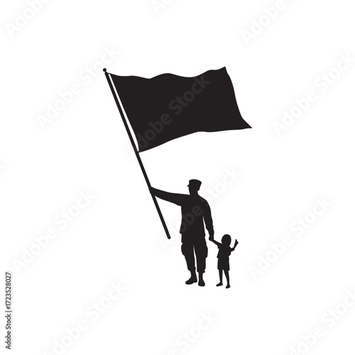 Parent and child with flag silhouette. Silhouette of adult and child holding a flag, unity, freedom, family values.