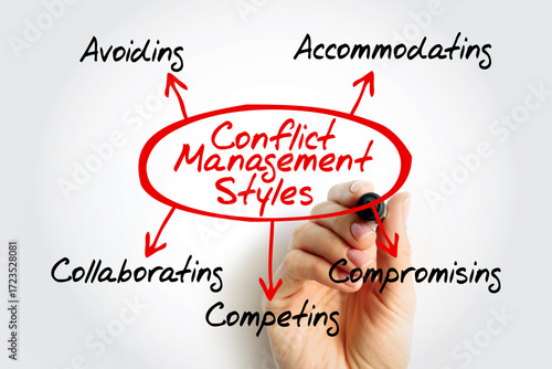 Wallpaper Mural Mind map showing Conflict Management Styles in center bubble. Branches highlight five types: Avoiding, Accommodating, Compromising, Competing, and Collaborating Torontodigital.ca