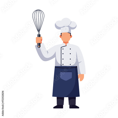 A male chef in a white uniform and blue apron holds up a wire whisk, depicted in a flat vector illustration style.