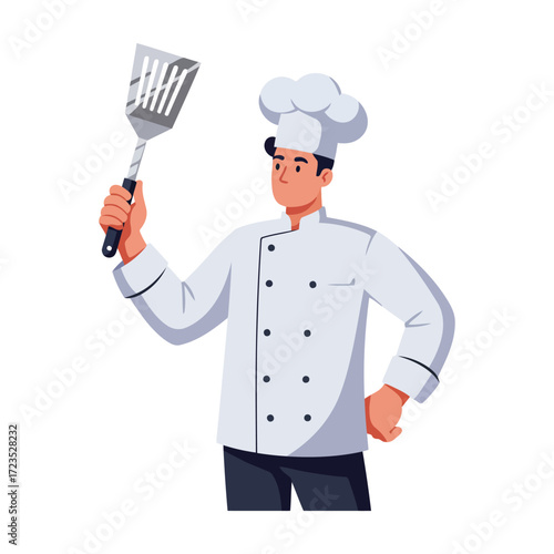 A chef in a white uniform and hat holds a spatula, ready to cook.