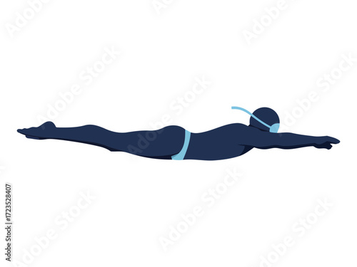 A swimmer glides horizontally through water, showcasing a streamlined body position.