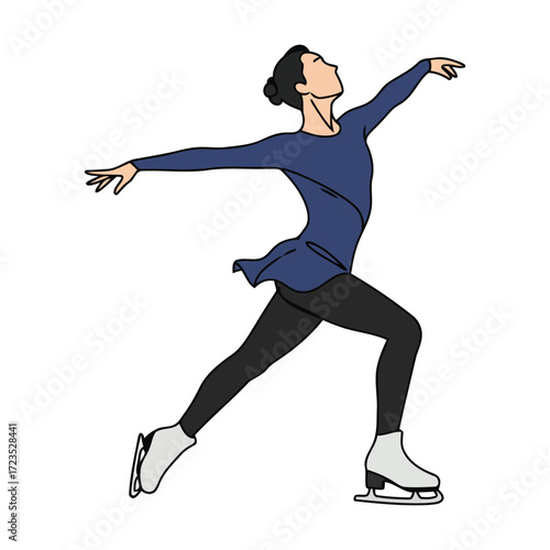 A stylized illustration of a female figure skater in mid-performance, captured in a dynamic pose with arms outstretched and head tilted back.