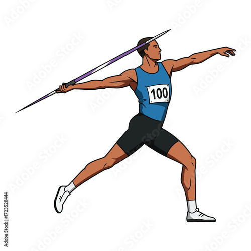 A male athlete in a blue uniform with number 100 preparing to throw a javelin in a track and field event.