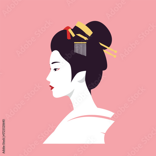 A minimalist illustration of a geisha in profile against a soft pink background.