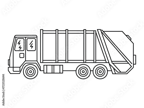 Simple black and white line drawing vector illustration of a garbage truck silhouette vector illustration white background