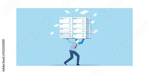 Man struggling to carry a huge stack of documents and papers flying around him