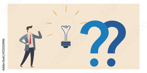 Businessman contemplating a bright idea amidst numerous questions and uncertainty