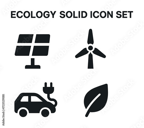 Ecology solid icon set: solar panel, wind turbine, electric car, leaf