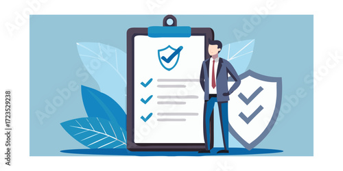 Professional man standing next to a clipboard with a shield and checkmarks symbolizing security and approval