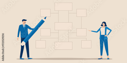 Business professionals collaborate to create a flowchart or organizational chart with a giant pencil