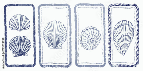 Four hand drawn blue scallop shells and seashells in decorative borders