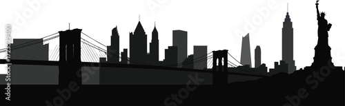 New York city skyline silhouette, Empire State Building, Brooklyn Bridge, Statue of Liberty, urban architecture outline, famous landmark