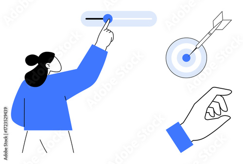 Person adjusting slider control for customization, target with dart symbolizing goals, hand gesture for action. Ideal for focus, settings, precision, goals, decision-making, customization