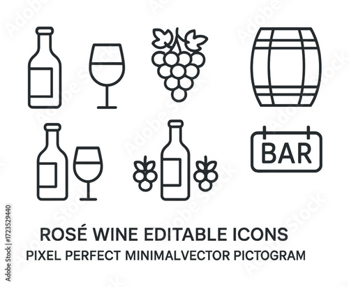 Rosé wine icons: glass, bottle, grapes, barrel, bar sign - minimalist black line art