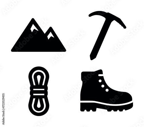 Silhouette icons of mountain gear: axe, rope, boot, peaks