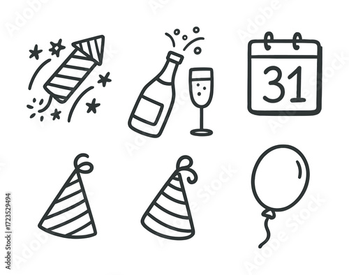 New year's eve celebration icons: fireworks, champagne, calendar, party hats, balloon