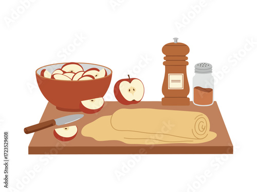 Apple strudel preparation: dough, apples, spices, and a knife on a cutting board.