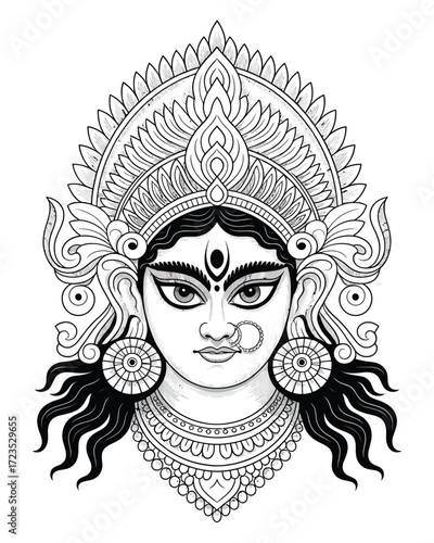 Striking black and white vector illustration of goddess durga face intricate details silhouette vector illustration white background