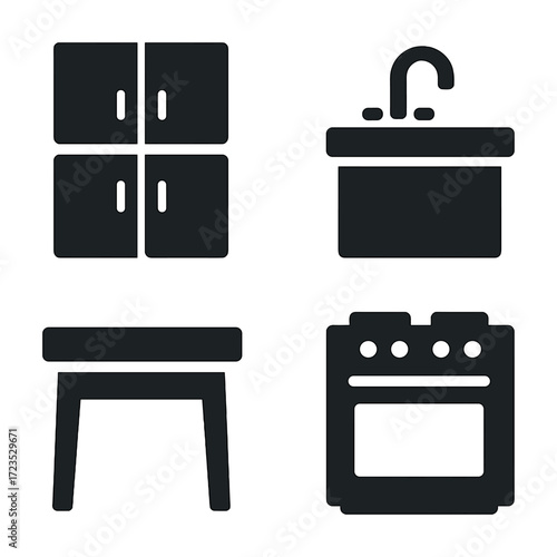 Kitchen appliance icons: cabinets, sink, table, oven - simple black silhouettes