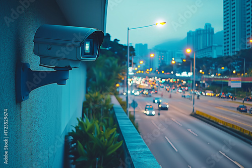 A high-quality image of a CCTV camera mounted on the corner of a building, capturing a busy urban street below