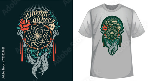 Dream Catcher Design T-Shirt And Wall Art With Feathers And Circular Web Pattern