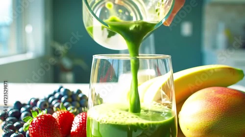 Pouring Green Smoothie Into Glass With Fruits Like Strawberries And Banana Nearby On Table