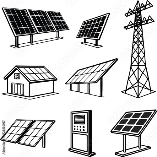 Vector art of illustration set of solar panels and power lines collection of alternative energy sources, photovoltaic cells, and electricity transmission towers in a minimalist style