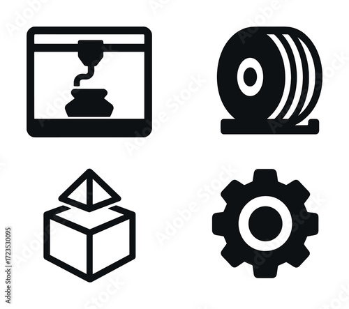Industrial icons: 3d printing, manufacturing, packaging, engineering gear symbol set