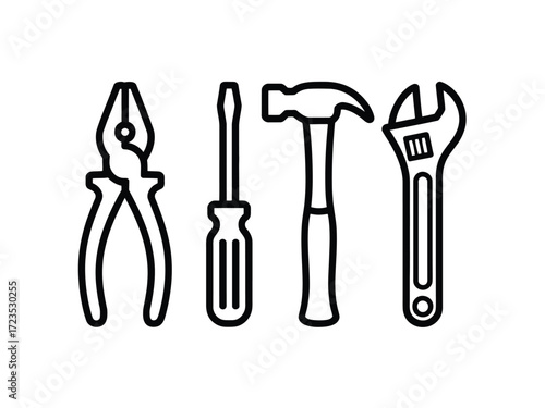 Set of four hand tools pliers screwdriver hammer wrench scalable vector illustration silhouette vector illustration white background