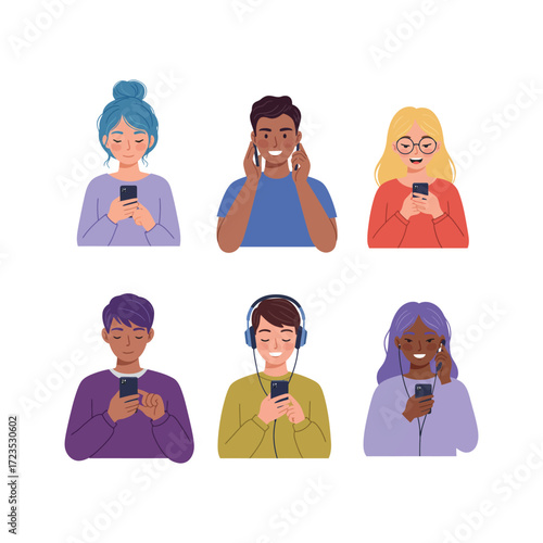 Diverse group of young people using smartphones and headphones mobile technology communication social media adults illustration