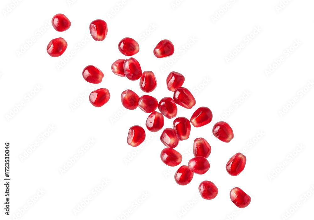 Vibrant Pomegranate Seeds Scattered, Isolated on Pure White Background Vibrant Pomegranate Seeds Scattered, Isolated on Pure White Background