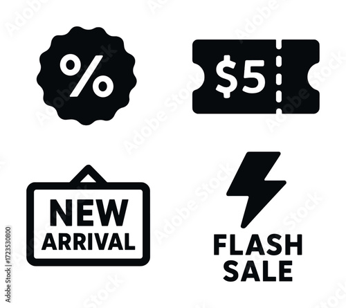 Discount symbols: percentage, coupon, new arrival, flash sale icons