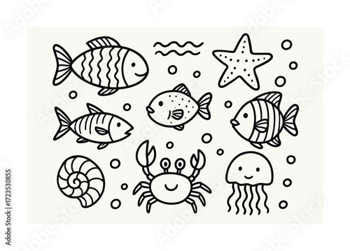 Cute underwater scene with fish, starfish, crab, and jellyfish doodles